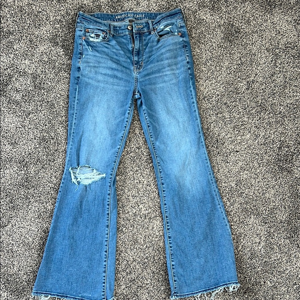 American Eagle Outfitters Blue Flare Jeans with Distressed Details